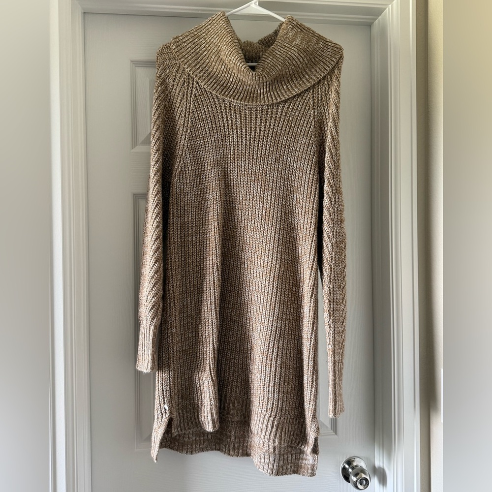 Beige Cowl Neck Knit Sweater Dress - Women